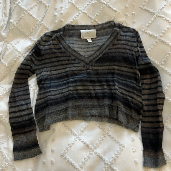 A.L.C. Slightly sheer and cropped gray striped mohair blend sweater. - Picture 3 of 9
